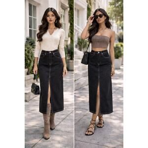 Ethikal Black Denim Maxi Skirt Women’s 29 High Rise Contrast Stitching